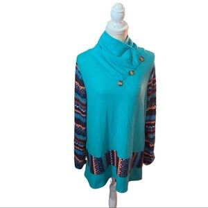 Filly Flair Turquoise Aztec Southwest Print Button Wrap Neck Sweater Women L NWT